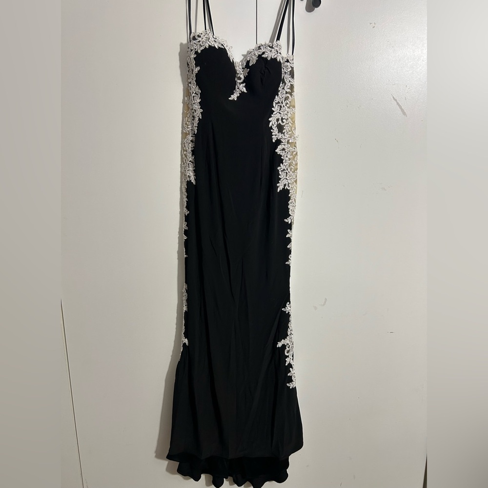 Chic Black Dress with White Lace Accents